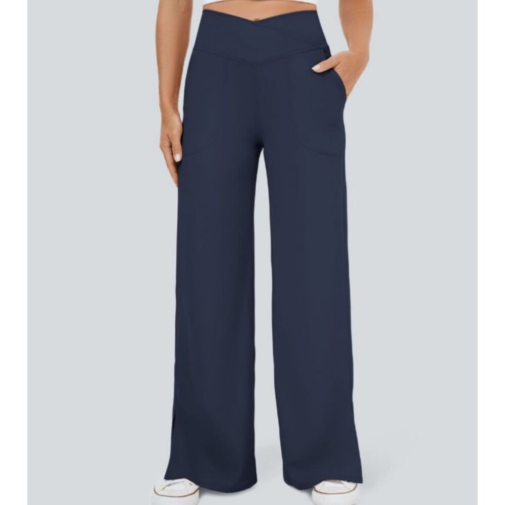 Halara Navy Crossover Wide Leg Split Ankle Active Yoga Pants Size Large - Picture 10 of 11